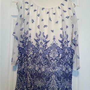 Peck & Peck Blue and White Ruffled 3/4 Sleeve Blouse